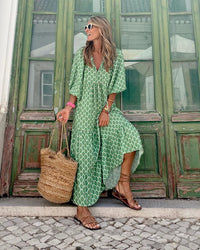 Maila | Bohemian Maxikleid in Grün/Weiß
