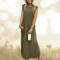 Damen Sommerkleid Maxi Rüschen Plissee in Armeegrün