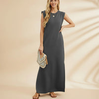 Damen Sommerkleid Maxi Rüschen Plissee in Dunkelgrau