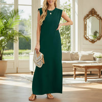 Damen Sommerkleid Maxi Rüschen Plissee in Dunkelgrün