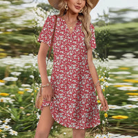 Damen Sommerkleid Freizeit V-Ausschnitt Strandkleid in Rot-weißes Blumenmuster