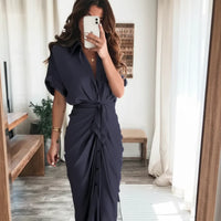 Damen Sommerkleid Taille Asymmetrischer Saum Kurzarm Kleid in Schwarzblau