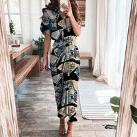 Damen Sommerkleid Taille Asymmetrischer Saum Kurzarm Kleid in Schwarze Fans
