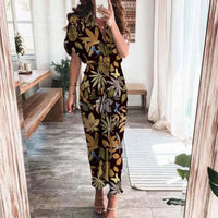 Damen Sommerkleid Taille Asymmetrischer Saum Kurzarm Kleid in Schwarze Blätter