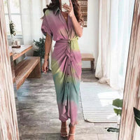 Damen Sommerkleid Taille Asymmetrischer Saum Kurzarm Kleid in Kontrastierendes Rosenrot