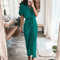 Damen Sommerkleid Taille Asymmetrischer Saum Kurzarm Kleid in Dunkelgrün