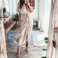 Damen Sommerkleid Taille Asymmetrischer Saum Kurzarm Kleid in Lokaler Goldchampagner