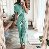 Damen Sommerkleid Taille Asymmetrischer Saum Kurzarm Kleid in Grün hellgrau