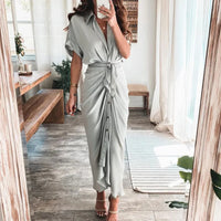 Damen Sommerkleid Taille Asymmetrischer Saum Kurzarm Kleid in Hellgrau