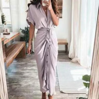 Damen Sommerkleid Taille Asymmetrischer Saum Kurzarm Kleid in Hellviolett