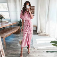 Damen Sommerkleid Taille Asymmetrischer Saum Kurzarm Kleid in Rosa