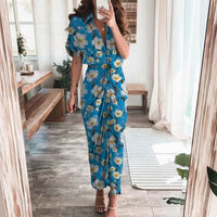 Damen Sommerkleid Taille Asymmetrischer Saum Kurzarm Kleid in Kleine blaue Blumen