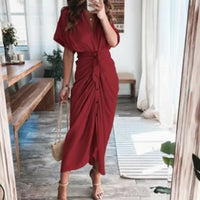 Damen Sommerkleid Taille Asymmetrischer Saum Kurzarm Kleid in Weinrot