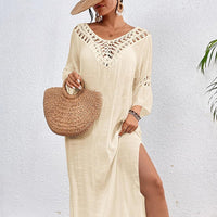 Damen Sommerkleid Seitenschlitz Strand in Beige