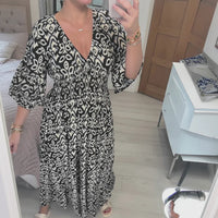 Sommerkleid Damen Bohemian V-Ausschnitt Freizeit Urlaub in Schwarz