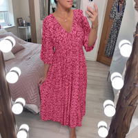 Sommerkleid Damen Bohemian V-Ausschnitt Freizeit Urlaub in Rosa