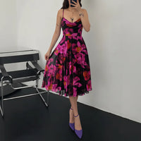 Damen Sommerkleid Cocktail Blumen Midi Freizeitkleid in Schwarz Rosa