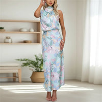 Damen Sommerkleid Blumen Rückenfrei Langes Maxikleid Abend in Blau