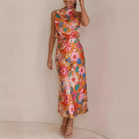 Damen Sommerkleid Blumen Rückenfrei Langes Maxikleid Abend in Orange
