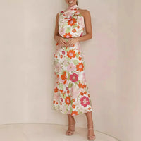 Damen Sommerkleid Blumen Rückenfrei Langes Maxikleid Abend in Weiß