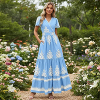 Damen Sommerkleid Blumenmuster Kurzes Freizeit Kleid in Hellblau