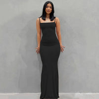 Damen Sommerkleid Lang Figurbetont Schlankes Maxikleid Freizeit in Schwarz