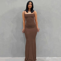 Damen Sommerkleid Lang Figurbetont Schlankes Maxikleid Freizeit in Braun