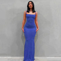 Damen Sommerkleid Lang Figurbetont Schlankes Maxikleid Freizeit in Dunkelblau