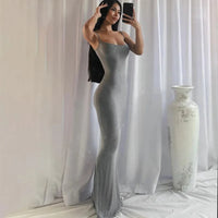 Damen Sommerkleid Lang Figurbetont Schlankes Maxikleid Freizeit in Grau
