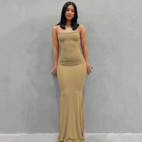 Damen Sommerkleid Lang Figurbetont Schlankes Maxikleid Freizeit in Khaki