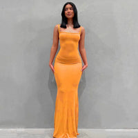 Damen Sommerkleid Lang Figurbetont Schlankes Maxikleid Freizeit in Orange