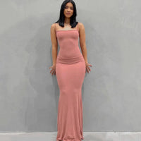Damen Sommerkleid Lang Figurbetont Schlankes Maxikleid Freizeit in Rosa