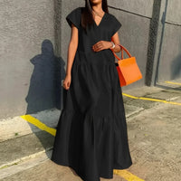 Damen Sommerkleid Locker V-Ausschnitt Saum Maxi Freizeitkleid in Schwarz