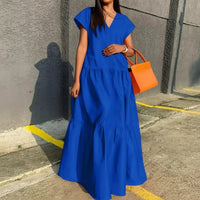 Damen Sommerkleid Locker V-Ausschnitt Saum Maxi Freizeitkleid in Blau