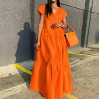 Damen Sommerkleid Locker V-Ausschnitt Saum Maxi Freizeitkleid in Orange