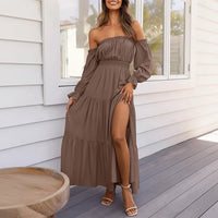 Damen Sommerkleid Schulterfrei Langarm Rüschen Midi Kleid in Kaffee