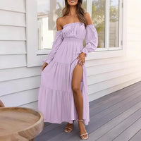 Damen Sommerkleid Schulterfrei Langarm Rüschen Midi Kleid in Hellviolett