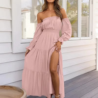 Damen Sommerkleid Schulterfrei Langarm Rüschen Midi Kleid in Rosa