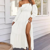 Damen Sommerkleid Schulterfrei Langarm Rüschen Midi Kleid in Weiß