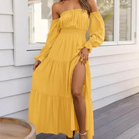 Damen Sommerkleid Schulterfrei Langarm Rüschen Midi Kleid in Gelb