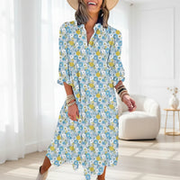 Damen Sommerkleid Langen Ärmeln V-Ausschnitt in Blau