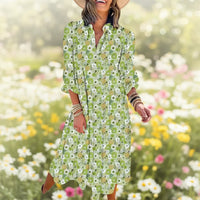 Damen Sommerkleid Langen Ärmeln V-Ausschnitt in Grün
