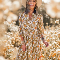 Damen Sommerkleid Langen Ärmeln V-Ausschnitt in Khaki