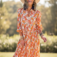 Damen Sommerkleid Langen Ärmeln V-Ausschnitt in Orangerot