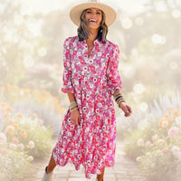 Damen Sommerkleid Langen Ärmeln V-Ausschnitt in Rosenrot