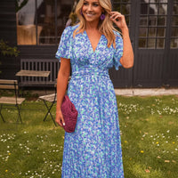 Sommerkleid Damen Maxi Blume Freizeit Urlaub in Blau