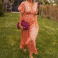 Sommerkleid Damen Maxi Blume Freizeit Urlaub in Orange