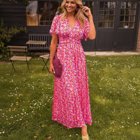 Sommerkleid Damen Maxi Blume Freizeit Urlaub in Rosa