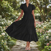 Damen Sommerkleid Midi Puffärmel Kurze Ärmel Freizeit Kleid in Schwarz