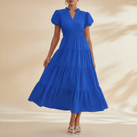 Damen Sommerkleid Midi Puffärmel Kurze Ärmel Freizeit Kleid in Blau